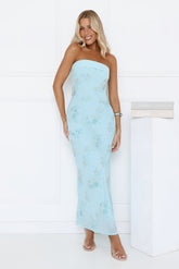 Sparkling Floral Embellished Strapless Maxi Blue