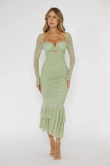 Nadia Long Sleeve Fishtail Midi Dress Mint