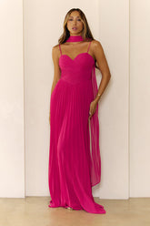 Sweetheart Pleated Scarf Maxi Dress Hot Pink