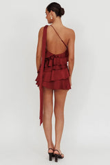 Arrabel Tiered Ruffle One Shoulder Mini Dress Wine