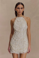 Adora Pearl Halter Mini Dress - White