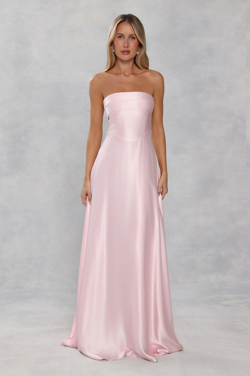 The Serina Strapless Satin Maxi Dress Light Pink – BLUSHMOLLY