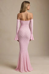 Off-Shoulder Ruffle Lace Maxi Dress in Soft Pink