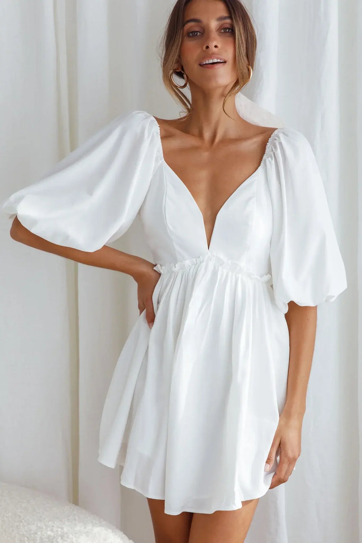 Always Dreaming Puff Sleeve Structured V-Neckline Mini Dress White
