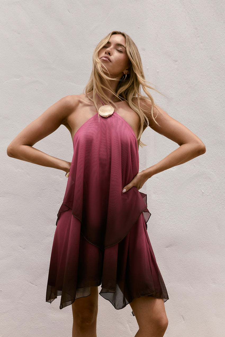 Daydream Diva Halter Mesh Mini Dress Plum