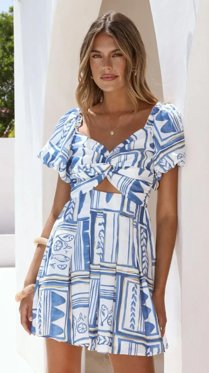 Tasha Puff Sleeve Mini Dress - Coastal Escape