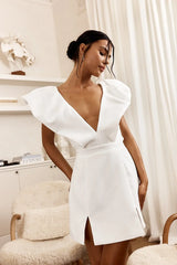 Liardon Bubble Sleeve V-Neckline Mini Dress White