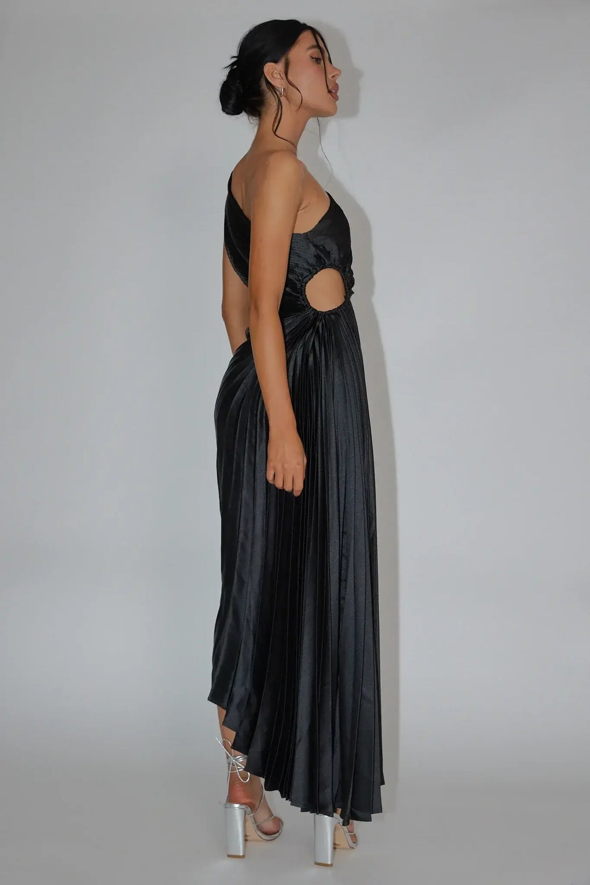 Brooklynn One-Shoulder Accordion Pleat Dress Black