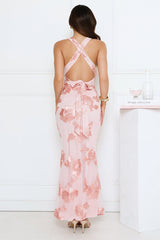 Lime Light Mesh Halter Maxi Dress Baby Pink